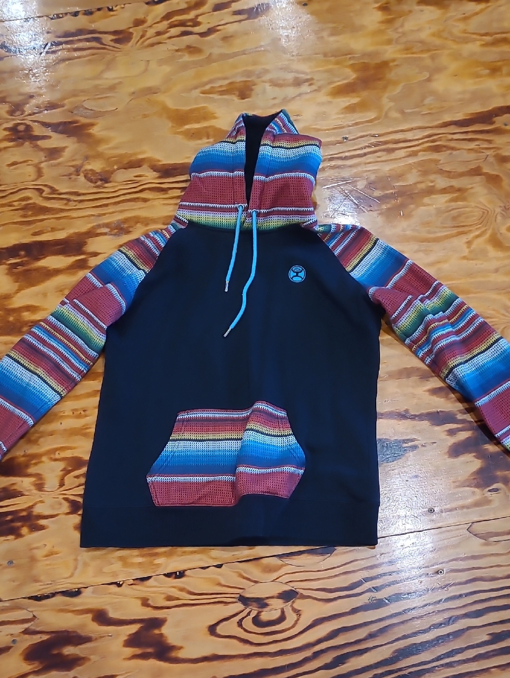 Black Hoodie with Multicolor Serape Accents